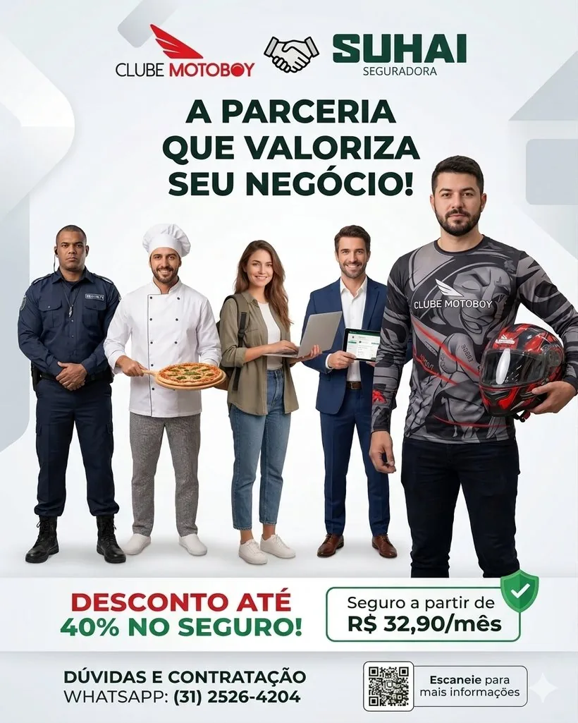 Clube Motoboy + Suhai — a parceria que valoriza seu negócio. Desconto até 40% no seguro.